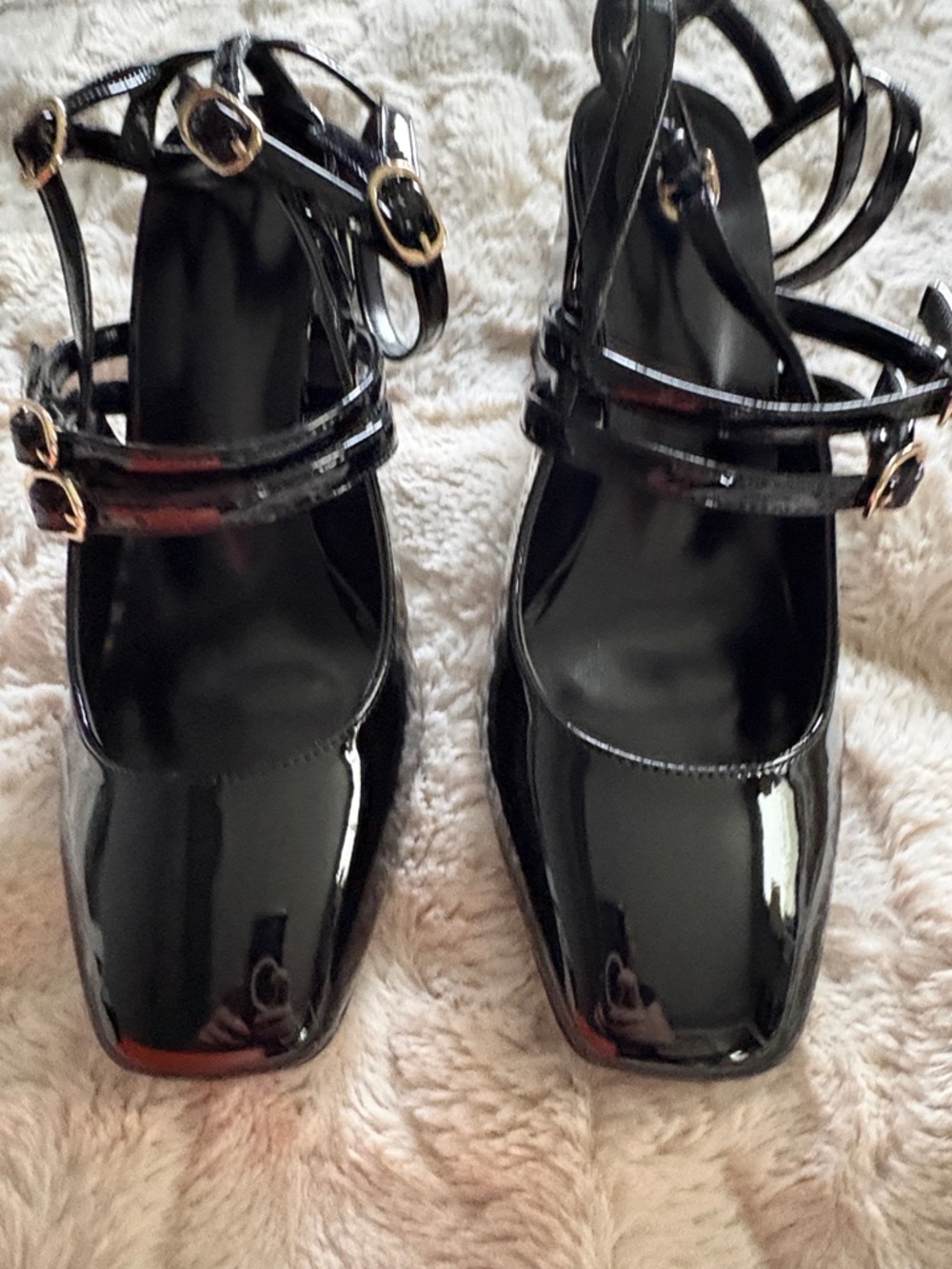 Women's Black Patent Strappy Square-Toe Heels